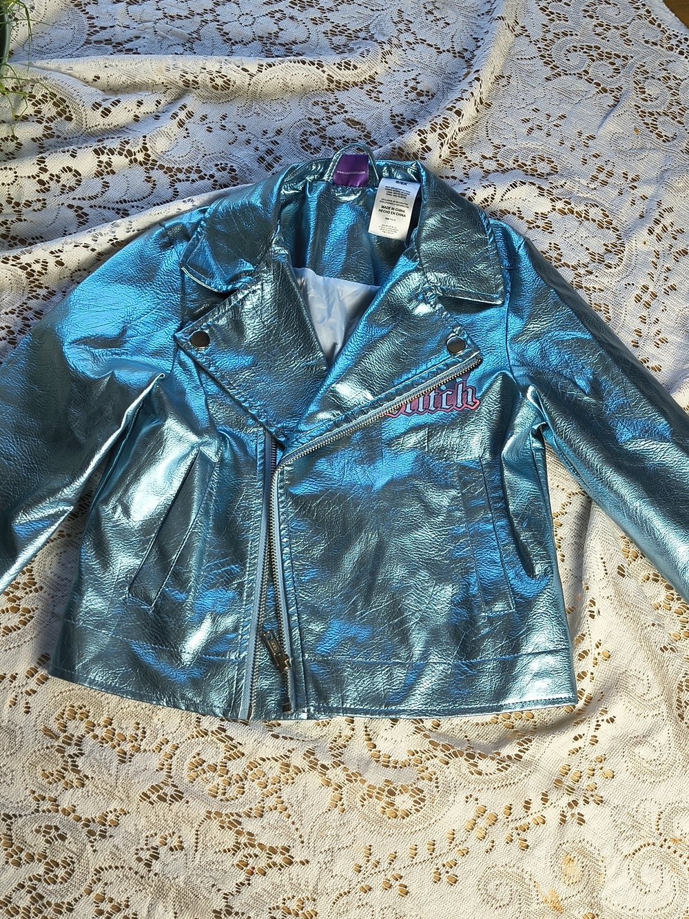 Lilo and stitch metallic blue faux leather motorcycle jacket